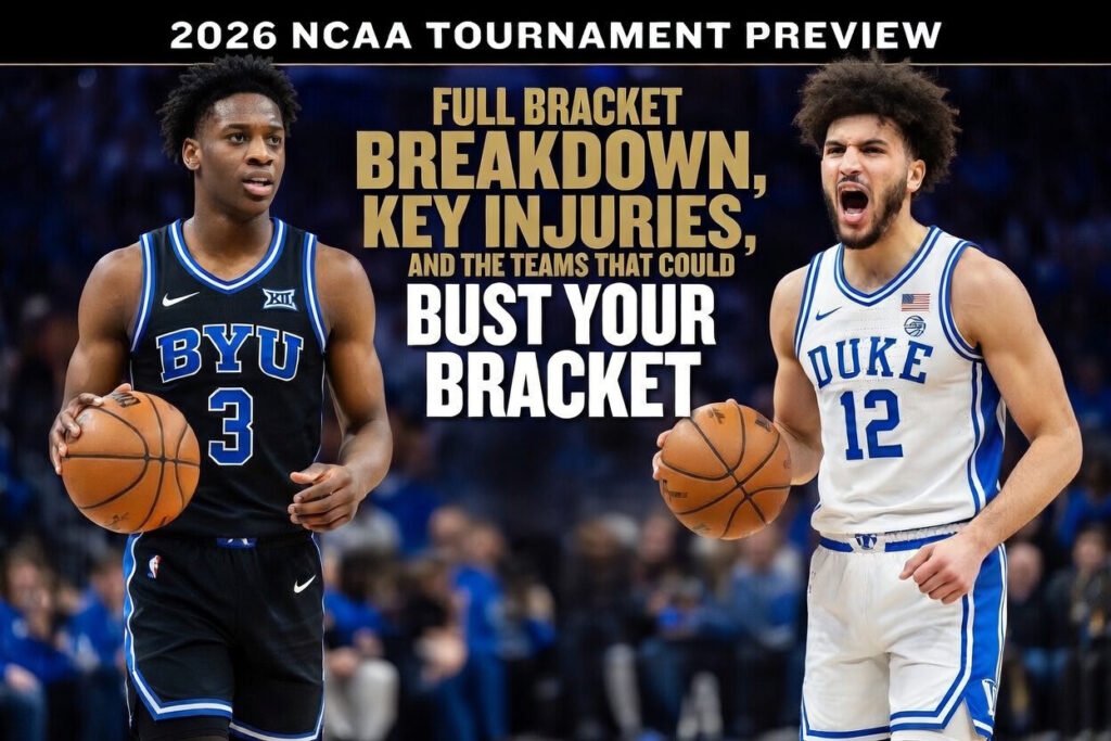 A stylized March Madness 2026 graphic showing the championship path to Indianapolis.